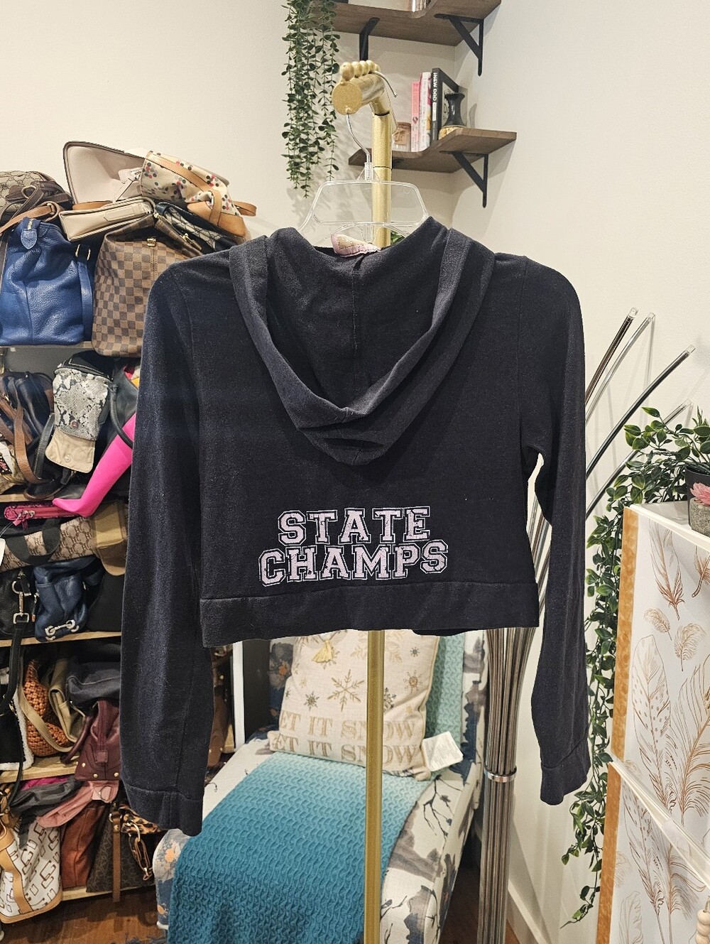 Vintage State Champs Black Cropped Hoodie Sweatshirt - Women